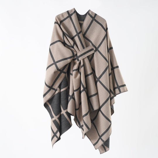 Damen Oversize Poncho aus Feinstrick mit Taillengürtel und Karomuster Shop Nory