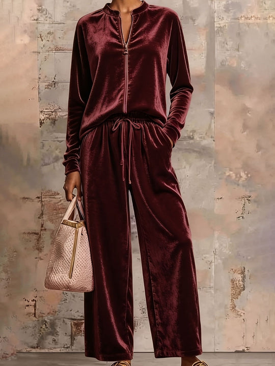 Damen samtiges Lounge-Set mit Stehkragen Reißverschlussoberteil und Kordelbundhose Shop Nory
