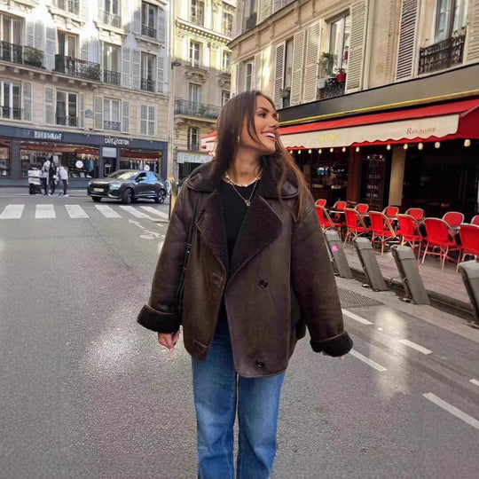 Damen nan Oversize Lammfellimitat Kunstlederjacke mit Sherpa-Kragen und Eingrifftaschen Shop Nory