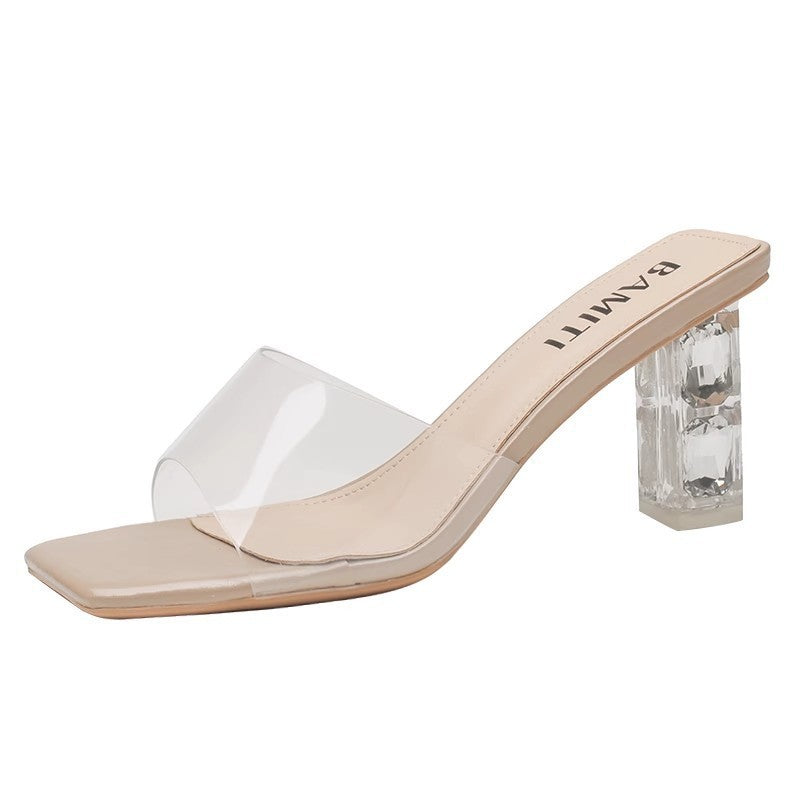 Damen Transparente Slip-On‑Sandalette mit quadratischer Zehenbox und facettiertem Acryl‑Blockabsatz Shop Nory