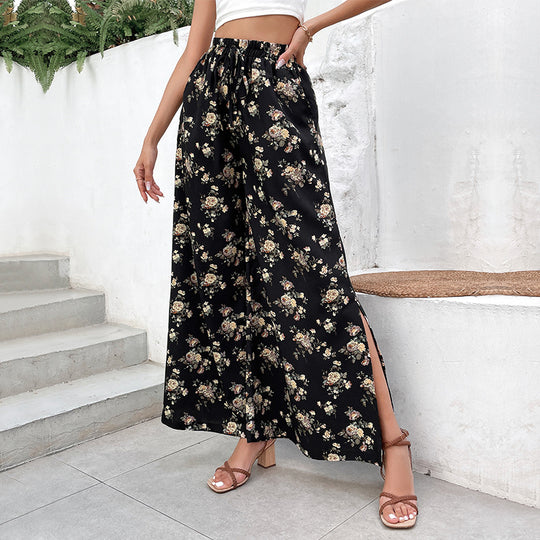 Damen Leichte Palazzo-Hose aus Viskosemix mit Gummibund, Tunnelzug und seitlichen Beinschlitzen Shop Nory