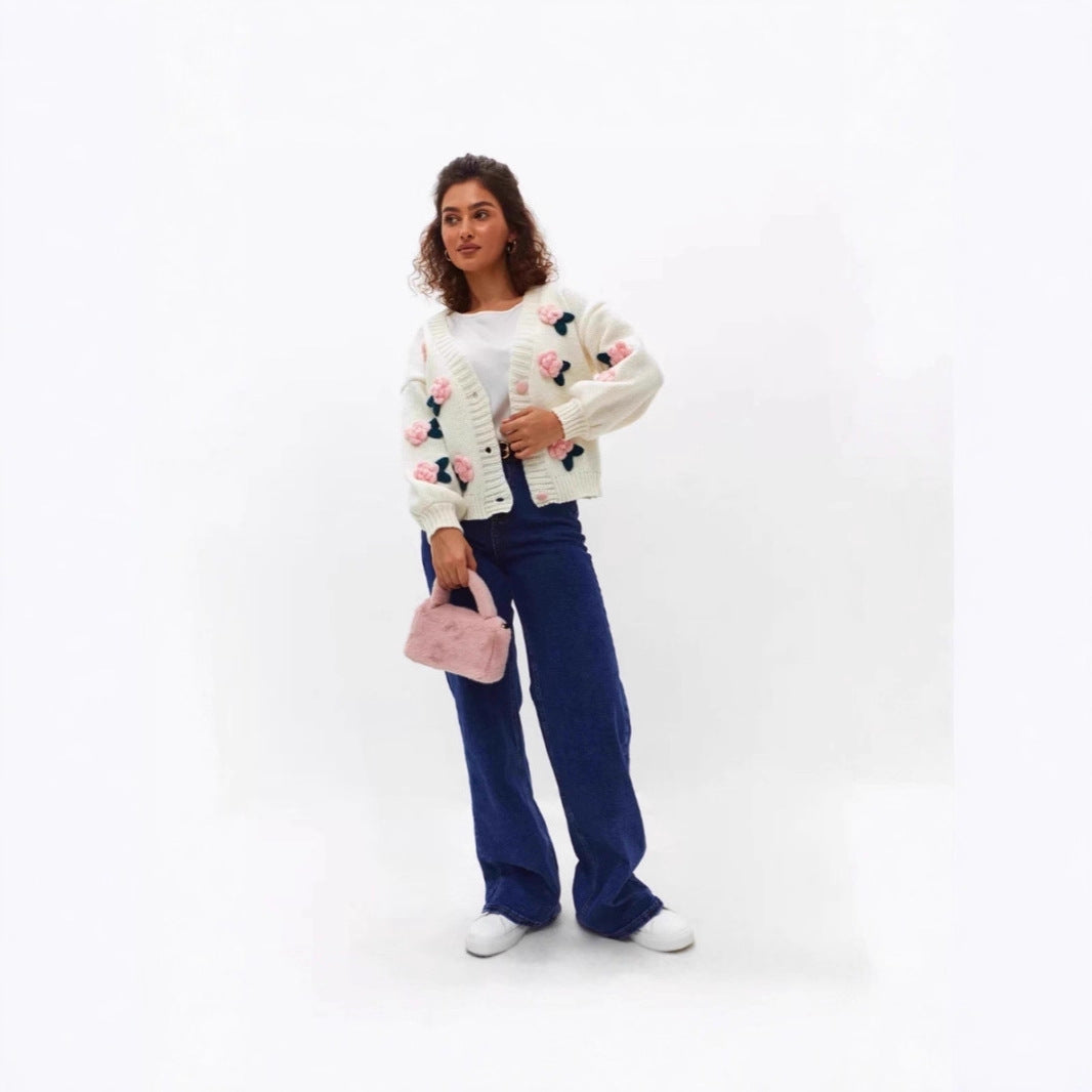 Damen Kuschelige Strickjacke mit Blumenapplikationen Shop Nory