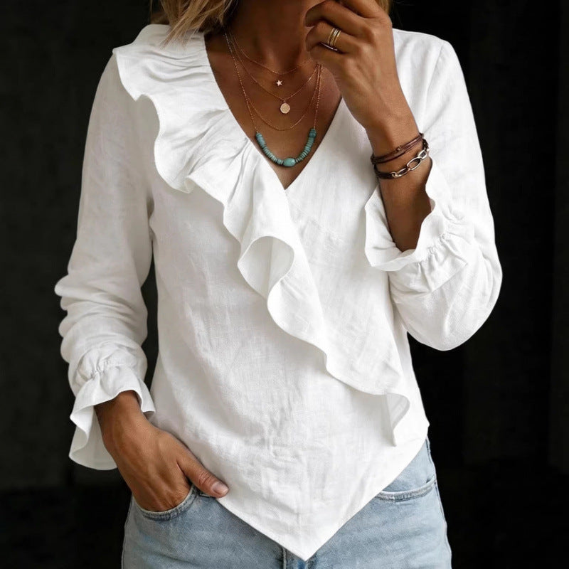 Damen Volant‑Bluse im Leinenlook mit Wickeloptik und asymmetrischem Zipfelsaum Shop Nory