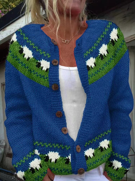 Damen nan gemusterte Strickjacke mit Rundpasse, Holzknöpfen und Eingrifftaschen Shop Nory
