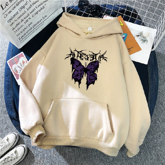 Damen nan Oversize-Kapuzenpullover mit gothischer Schmetterlings-Illustration und Kängurutasche Shop Nory