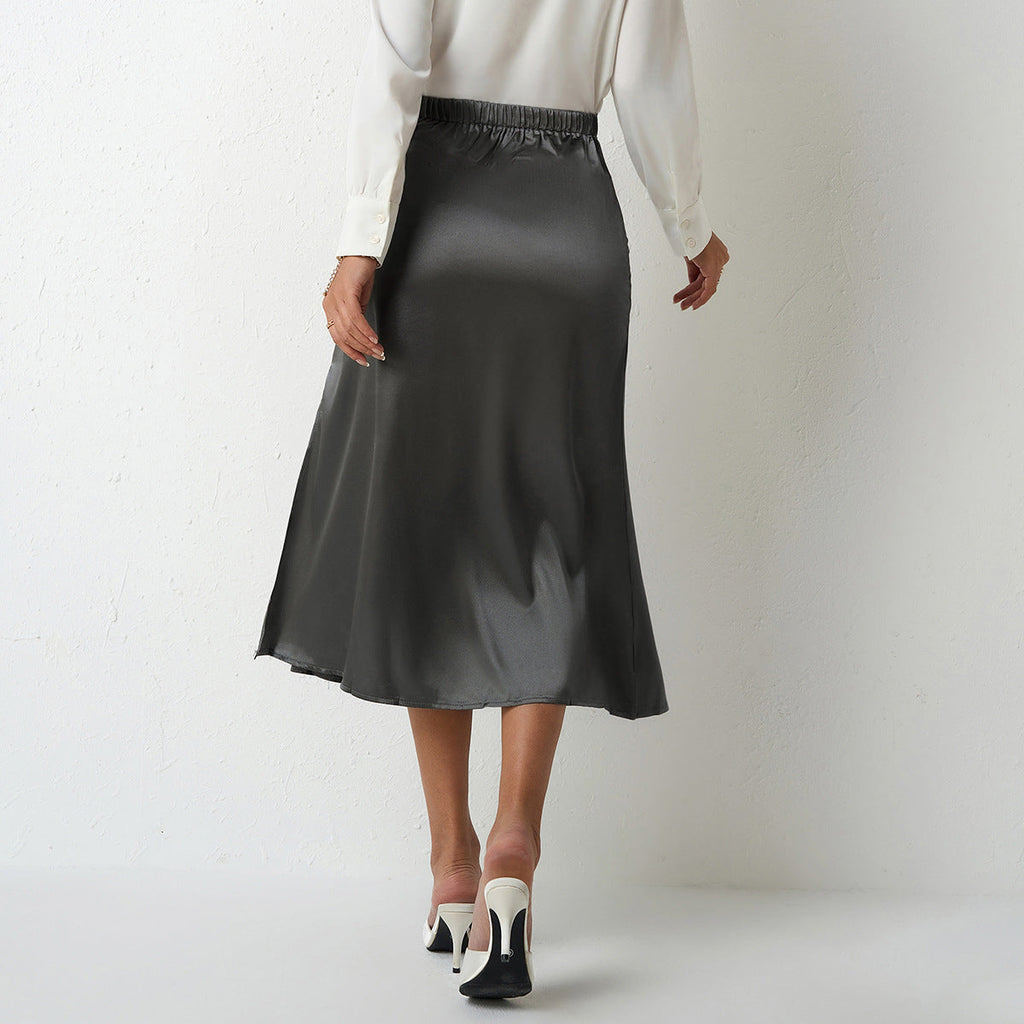 Damen eleganter Satin-Midirock mit fließendem Schnitt und hohem Bund
