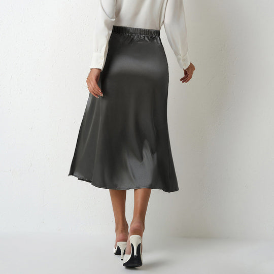 Damen eleganter Satin-Midirock mit fließendem Schnitt und hohem Bund