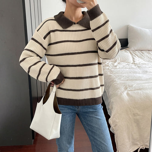 Damen Gestreifter Pullover mit Kragen Shop Nory