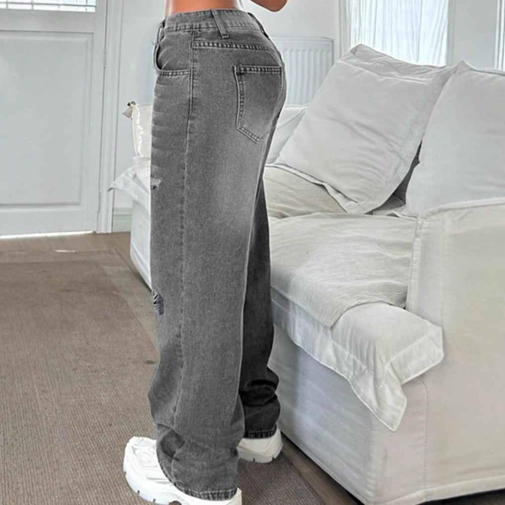 Damen Hochtaillierte weite Destroyed-Jeans mit geradem Bein Shop Nory
