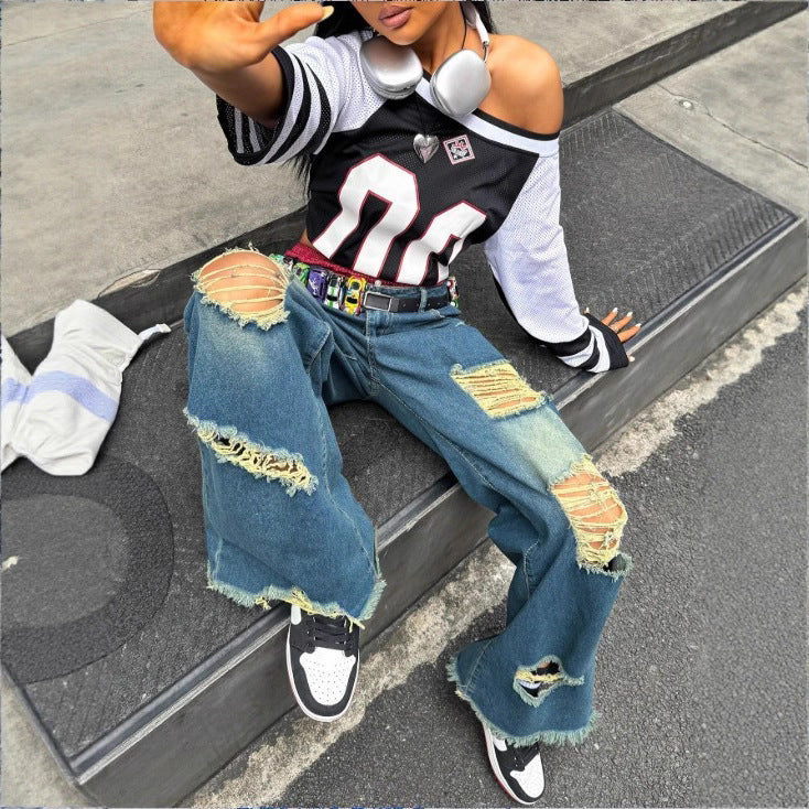 Damen weite Destroyed-Denim-Jeans mit Neonfransen-Applikation Shop Nory
