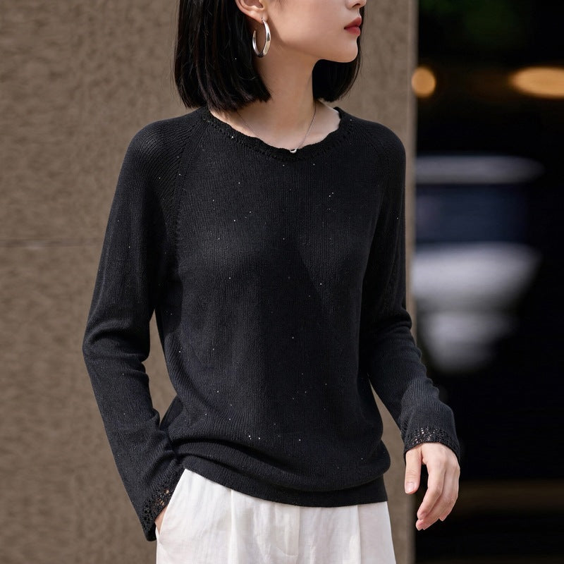 Damen leichter Feinstrickpullover mit dezenter Glitzeroptik und Raglanärmeln Shop Nory
