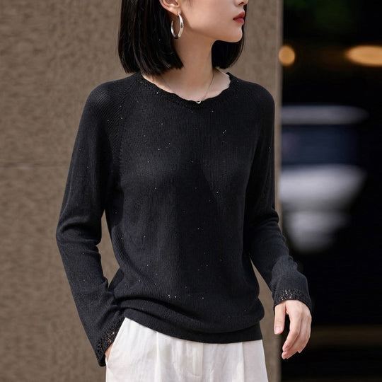 Damen leichter Feinstrickpullover mit dezenter Glitzeroptik und Raglanärmeln Shop Nory