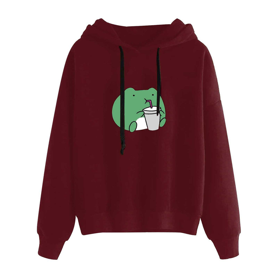 Damen nan kurz geschnittener Cropped-Kapuzenpullover mit niedlicher Frosch-Illustration und verstellbarer Kapuze Shop Nory