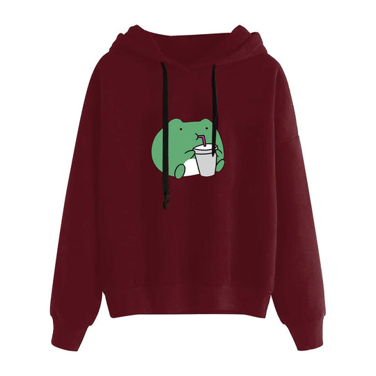 Damen nan kurz geschnittener Cropped-Kapuzenpullover mit niedlicher Frosch-Illustration und verstellbarer Kapuze Shop Nory