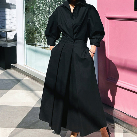 Damen Hemdblusen‑Maxikleid mit taillierter Blouson‑Silhouette, Glockenrock und verdeckten Eingrifftaschen Shop Nory