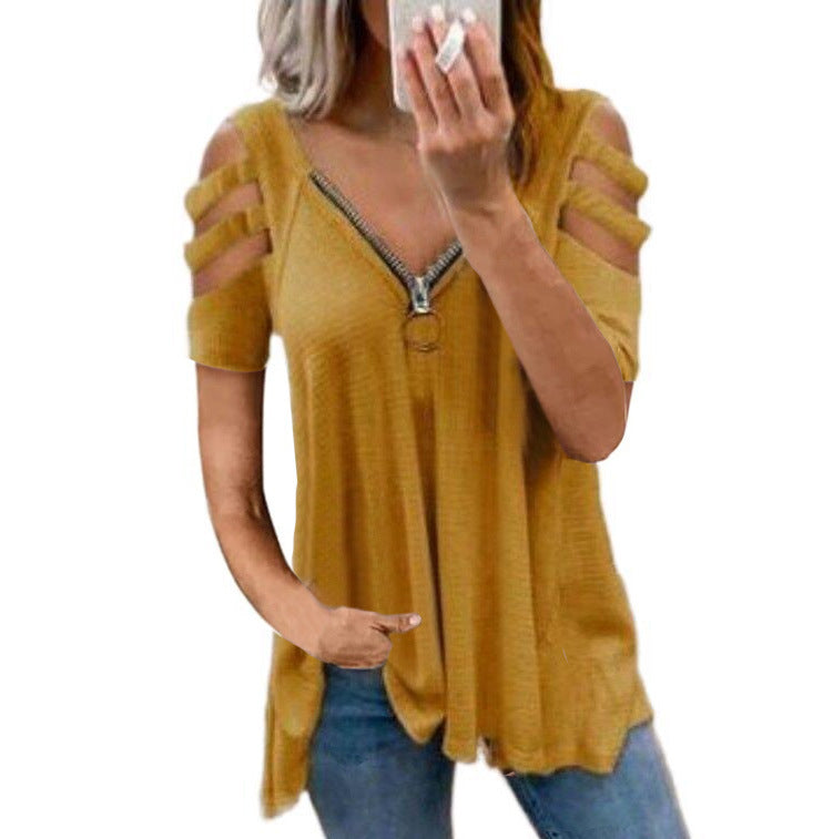 Damen lässiges Oberteil mit modischen Cut-Out-Details und Reißverschluss Shopnory