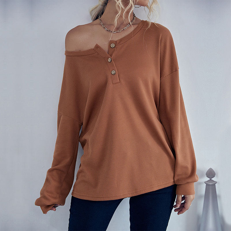 Damen Waffelstrick-Pullover mit Henley-Knopfleiste und überschnittener Schulter Shop Nory