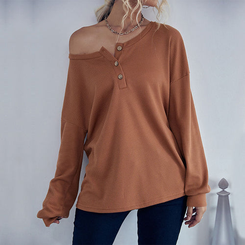 Damen Waffelstrick-Pullover mit Henley-Knopfleiste und überschnittener Schulter Shop Nory