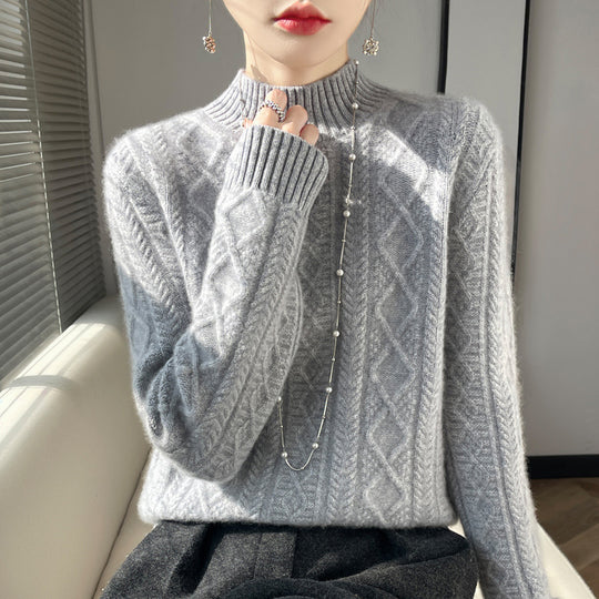 Damen Kuscheliger Mohair‑Optik Mockneckpullover mit Rautenzopfstruktur und kastiger Silhouette Shop Nory