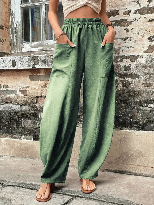Damen Weite Leinenhose mit elastischem Bund, aufgesetzten Taschen und lässigem Harem-Schnitt Shop Nory
