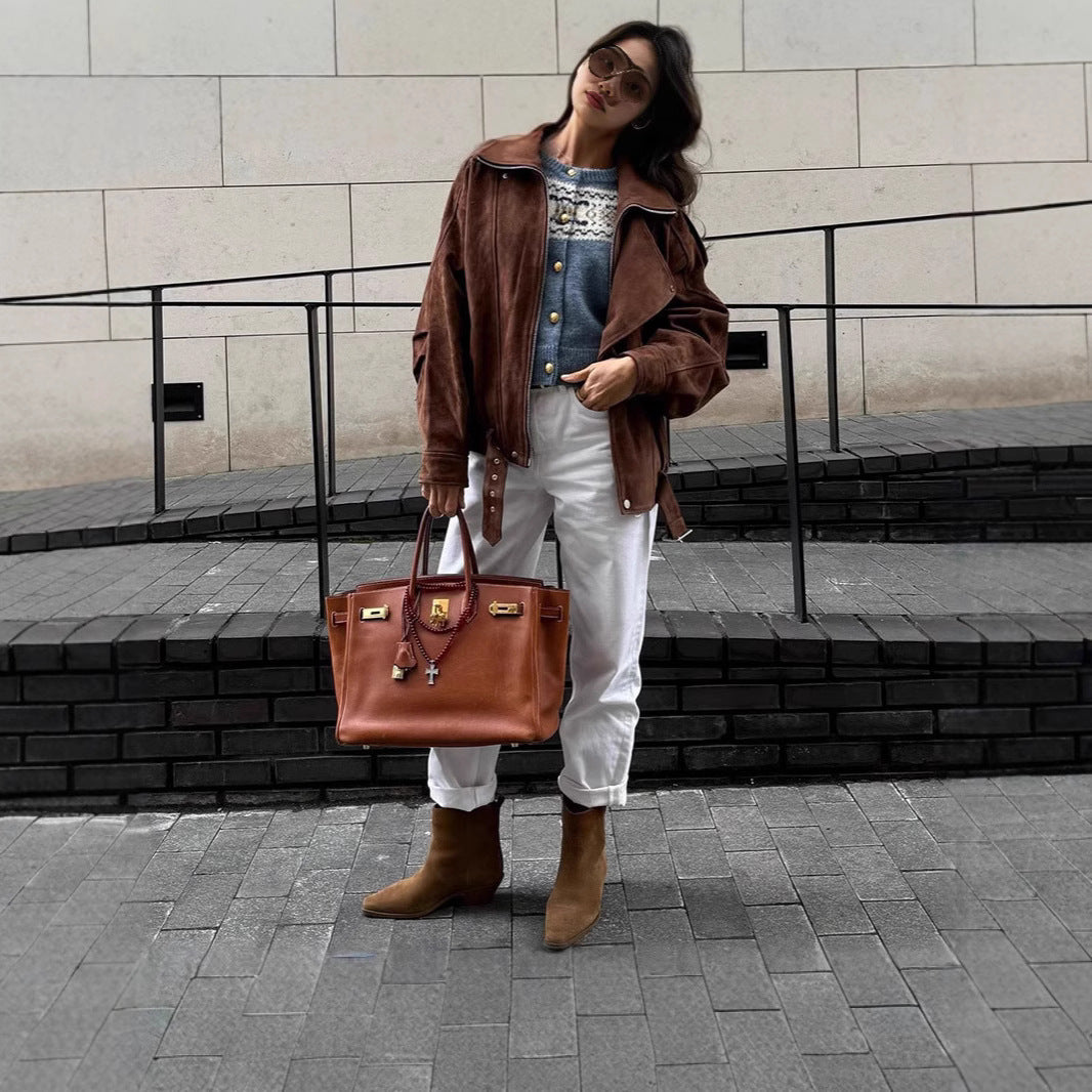 Damen Oversized Veloursleder-Bomberjacke mit Taillengürtel und Schalkragen Shop Nory