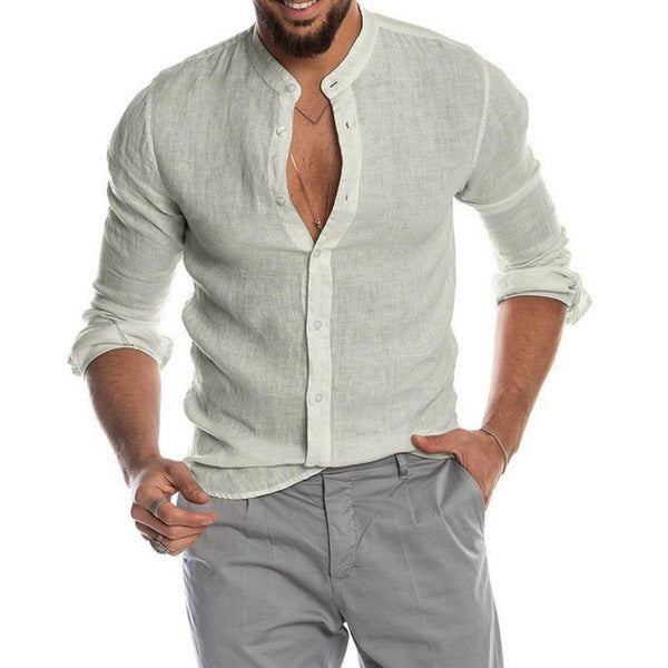 Herren nan Leinenhemd mit Stehkragen, durchgehender Knopfleiste und legerer Slim-Fit-Passform