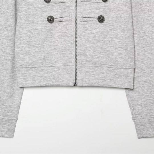 Damen Kurze Sweatjacke im Military-Stil mit Stehkragen und Zierknopfdetails Shop Nory