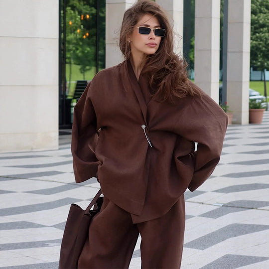 Damen Oversized Wickelblazer mit Sicherheitsnadel & weiter Anzughose Shop Nory