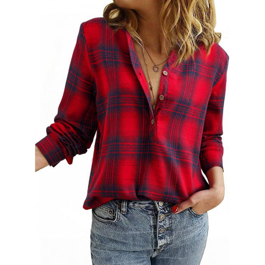 Damen Karo-Bluse im Oversize-Look mit V-Ausschnitt Knopfleiste und gerundetem Saum Shop Nory