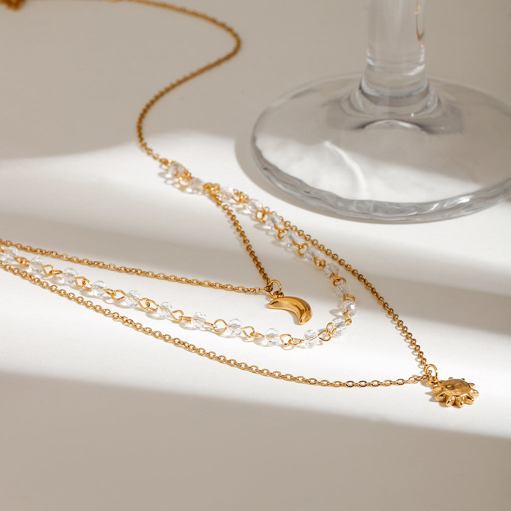 Damen mehrlagige Halskette mit elegantem Mond- und Sonnenanhänger Shop Nory