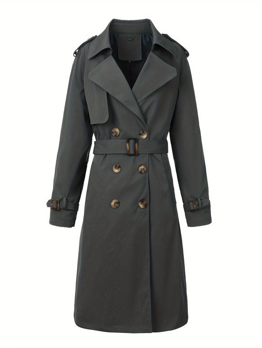 Damen Langer Doppelreihiger Trenchcoat mit Taillengürtel und Epauletten Shop Nory