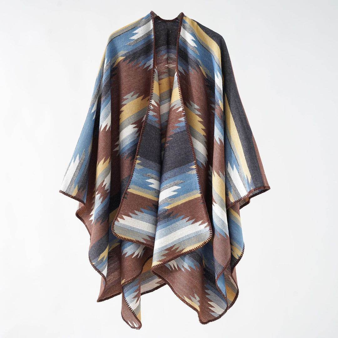 Damen Wolloptik-Ruana mit grafischem Ethno-Jacquard und dekorativer Kettelnaht Shop Nory
