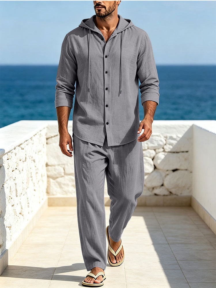 Herren Atmungsaktives Baumwoll-Gauze Loungewear-Set mit Kapuzenhemd und weiten Sommerhosen Shop Nory