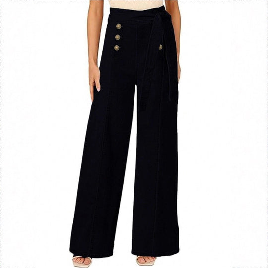 Damen Hochtaillierte, maritim inspirierte weite Jeanshose mit Zierknopfleiste und Bindegürtel Shop Nory