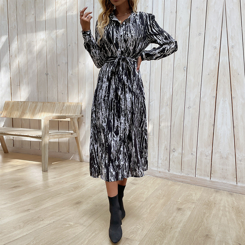 Damen Hemdblusen‑Midikleid mit Bindegürtel, durchgehender Knopfleiste und abstraktem Pinselprint Shop Nory