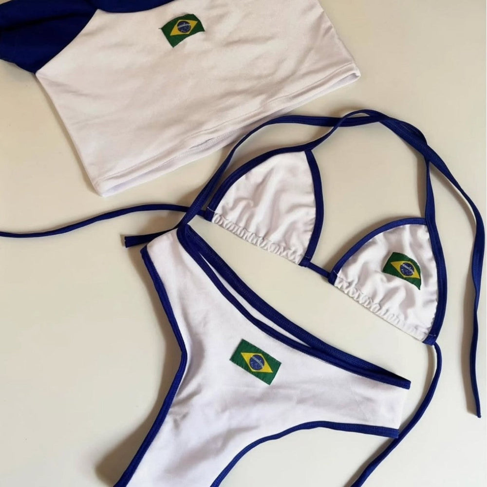 Damen Bikini-Set mit sportlichem Crop-Top und trendigem Brasilien-Flaggen-Design Shopnory