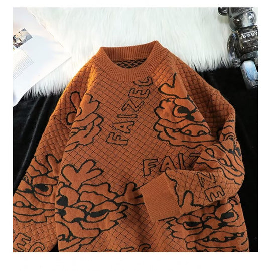 Unisex Oversized Jacquard-Strickpullover mit Allover-Motiv und Rippbündchen Shop Nory