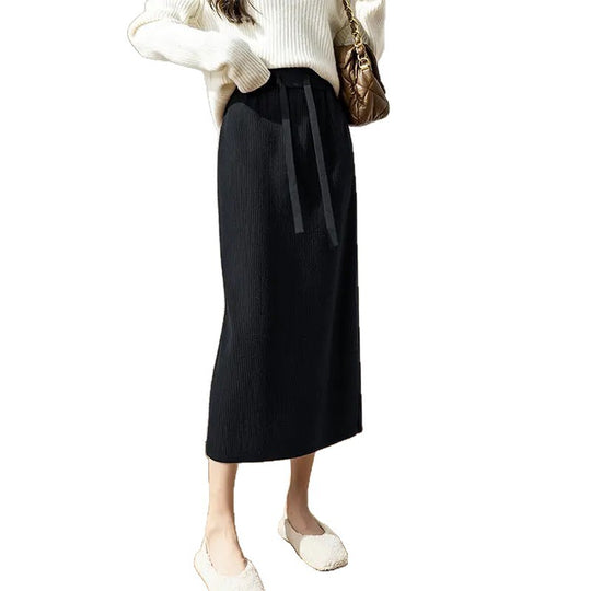 Damen Eleganter Rippstrick-Midirock mit Bindegürtel Shop Nory