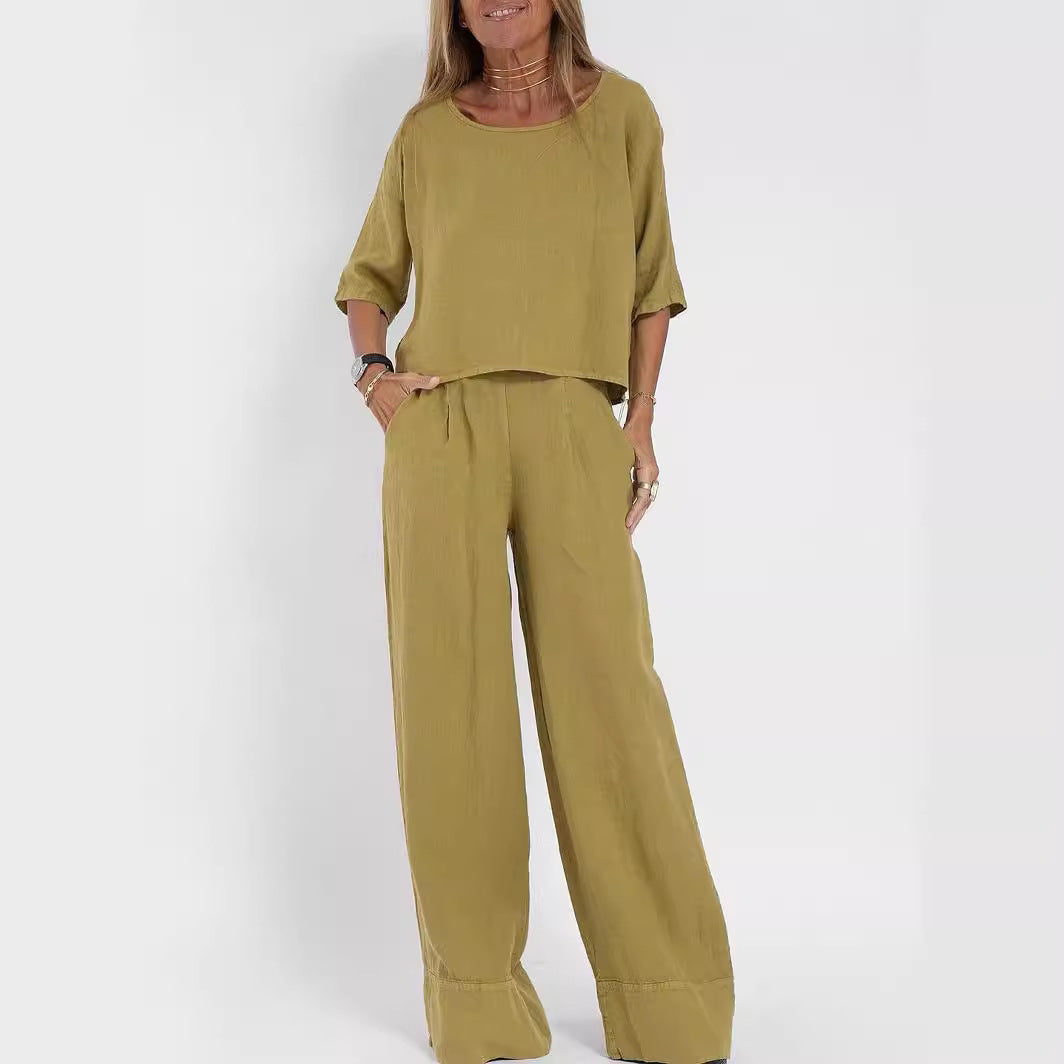 Damen lässiges Leinen-Set mit weitem Oberteil und palazzo Hosen