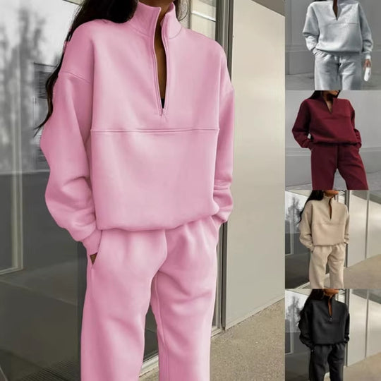 Damen Oversize Sweat-Set mit halbem Reißverschluss, Stehkragen und lässiger Jogginghose Shop Nory