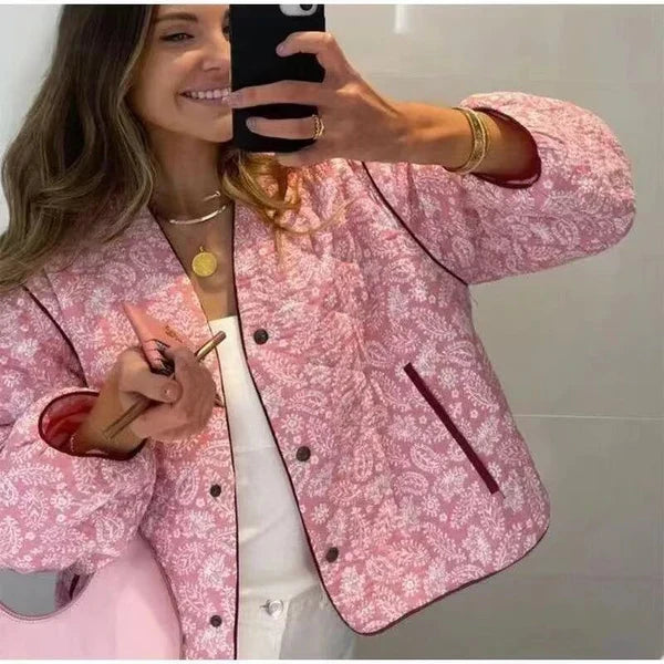 BLOOM – Rosa Patchwork Gesteppte Damenjacke