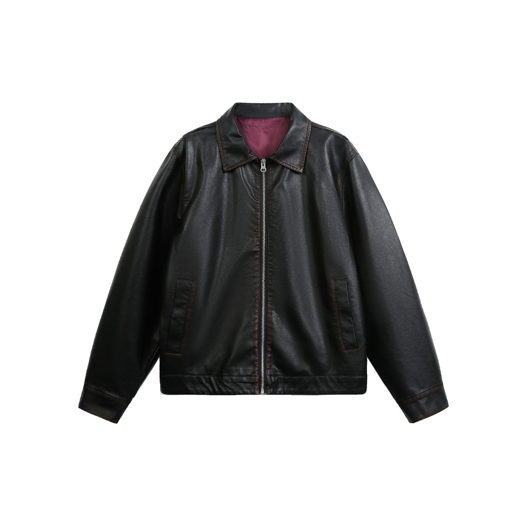 Unisex Weit geschnittene Kunstleder‑Fliegerjacke mit durchgehendem Metallreißverschluss Shop Nory