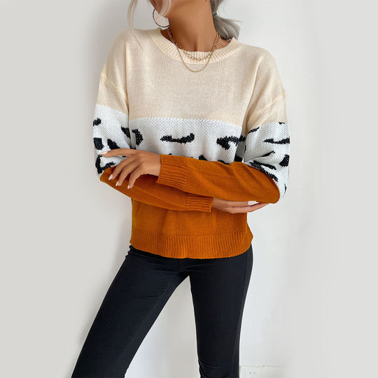Damen Boxy-Strickpullover im Colorblock-Leopardmix mit Rundhals und gerippten Ärmeln Shop Nory