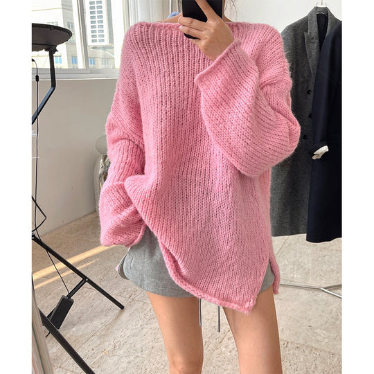 Damen Grobgestrickter Oversize-Pullover mit Rundhalsausschnitt und verlängertem Saum Shop Nory