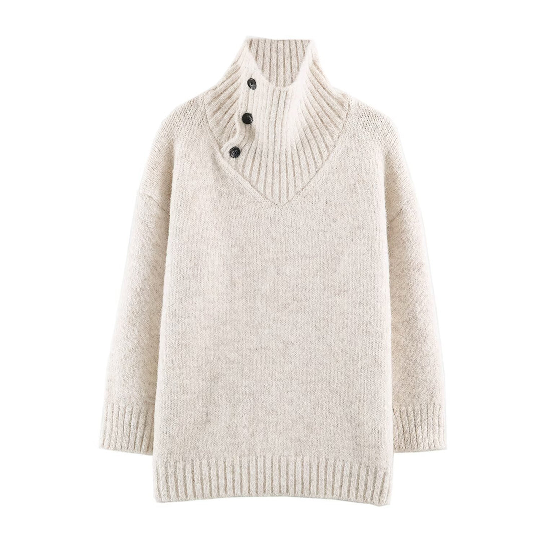 Damen Oversized Strickpullover mit hohem Rippkragen, Knopfdetail und V‑Ausschnitt Shop Nory