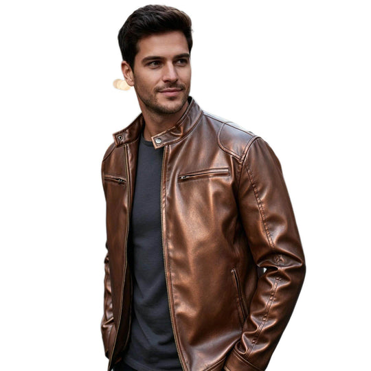 Herren Biker‑Style Kunstlederjacke mit Stehkragen und Reißverschlusstaschen Shop Nory