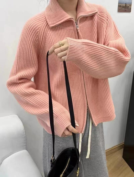 Damen Oversize-Strickjacke mit Reißverschluss, Stehkragen und gerippter Struktur Shop Nory
