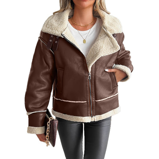 Damen Modische Kunstlederjacke mit Teddyfutter