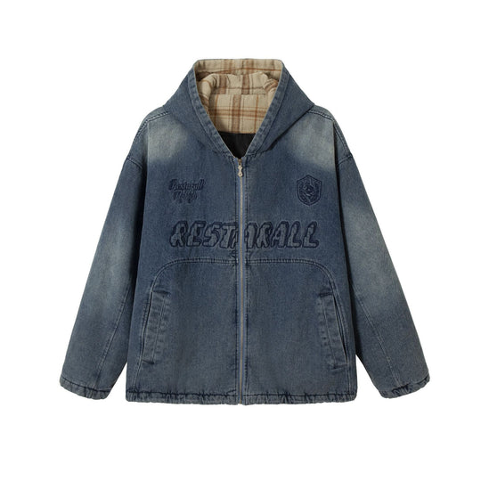 Herren Washed-Denim Kapuzenjacke im Oversize-Look mit kariert gefütterter Kapuze Shop Nory