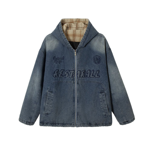 Herren Washed-Denim Kapuzenjacke im Oversize-Look mit kariert gefütterter Kapuze Shop Nory